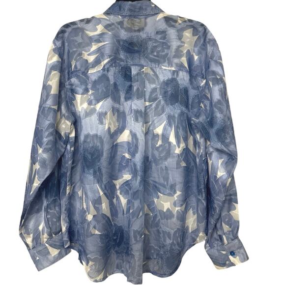 Caché Vintage Sheer Floral Button Down Blouse M Blue White Oversized Whimsical - Picture 2 of 11